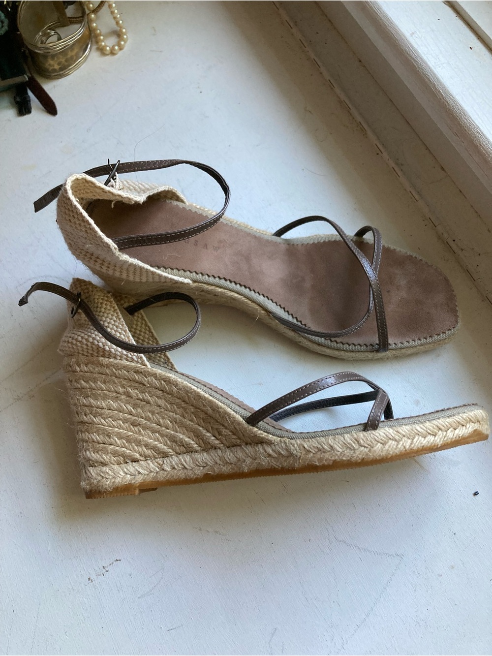 Jigsaw. Espadrille Wedge Sandals in Beige with Brown Straps